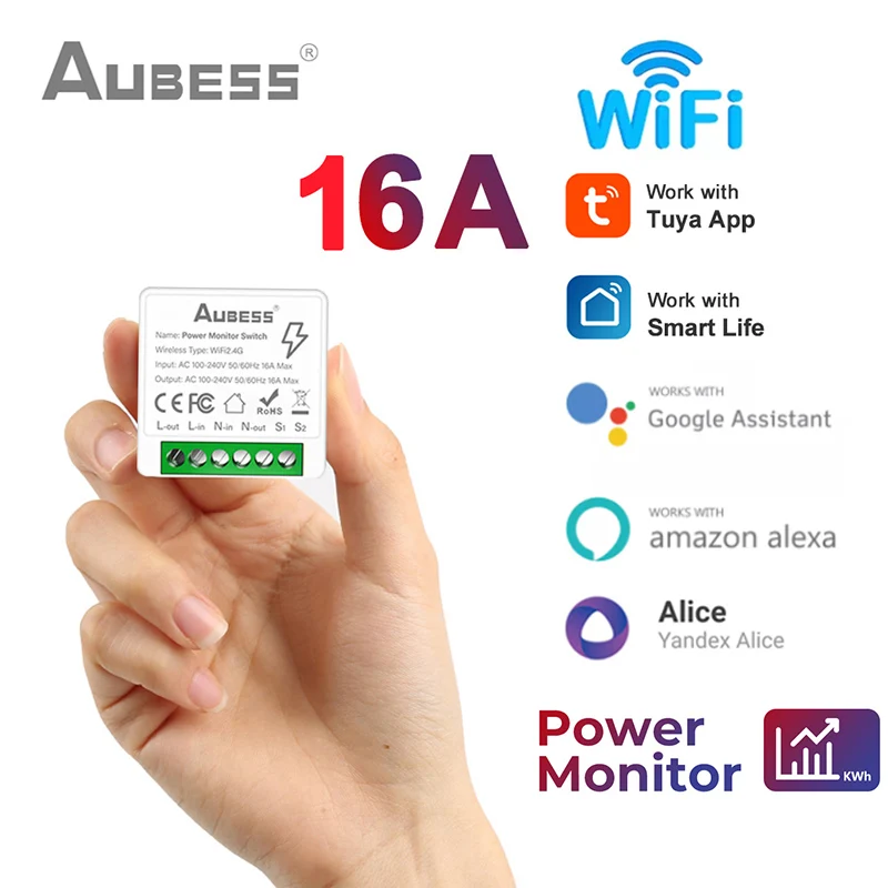 

Tuya Smart WiFi Switch With Energy Monitor 16A 2-way Control Switch Mini Breaker Smart Life Control For Alexa Google Home Alice