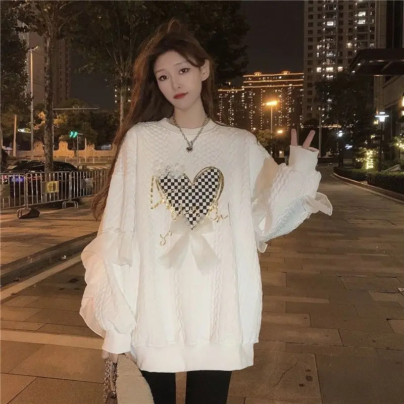 

White Sweatshirt Women Hoodies Autumn Winter Thick Warm O-Neck Long Sleeve Pullovers Mesh Spliced Fashion Print Sweatshirts