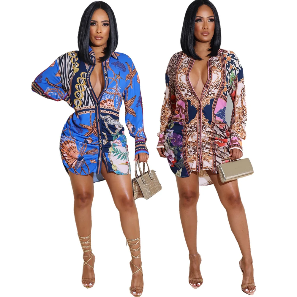 

Fashion Women Blouses 2022 Elegant Autumn New Print Irregular Cardigan Shirt Skirt Ladies Long Shirt Birthday Dress for Women