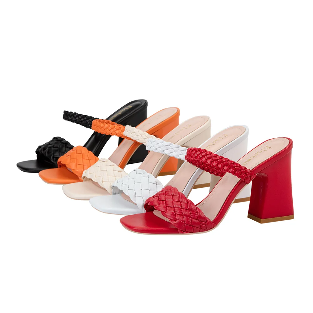 European and American style fashion sexy sandals woven square toe block heel high heel with a belt and wearing women's slippers