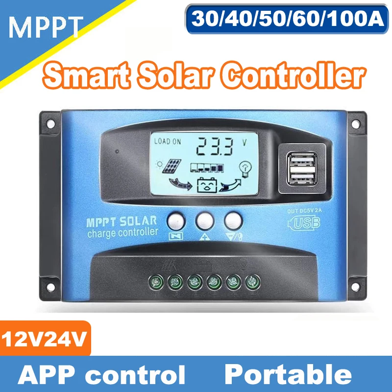 

MPPT APPSolar Charge Controller PWM 100A 60A 50A 40A 30A Solar Power Regulator 12V 24V Auto Dual USB LCD Display Load Discharger