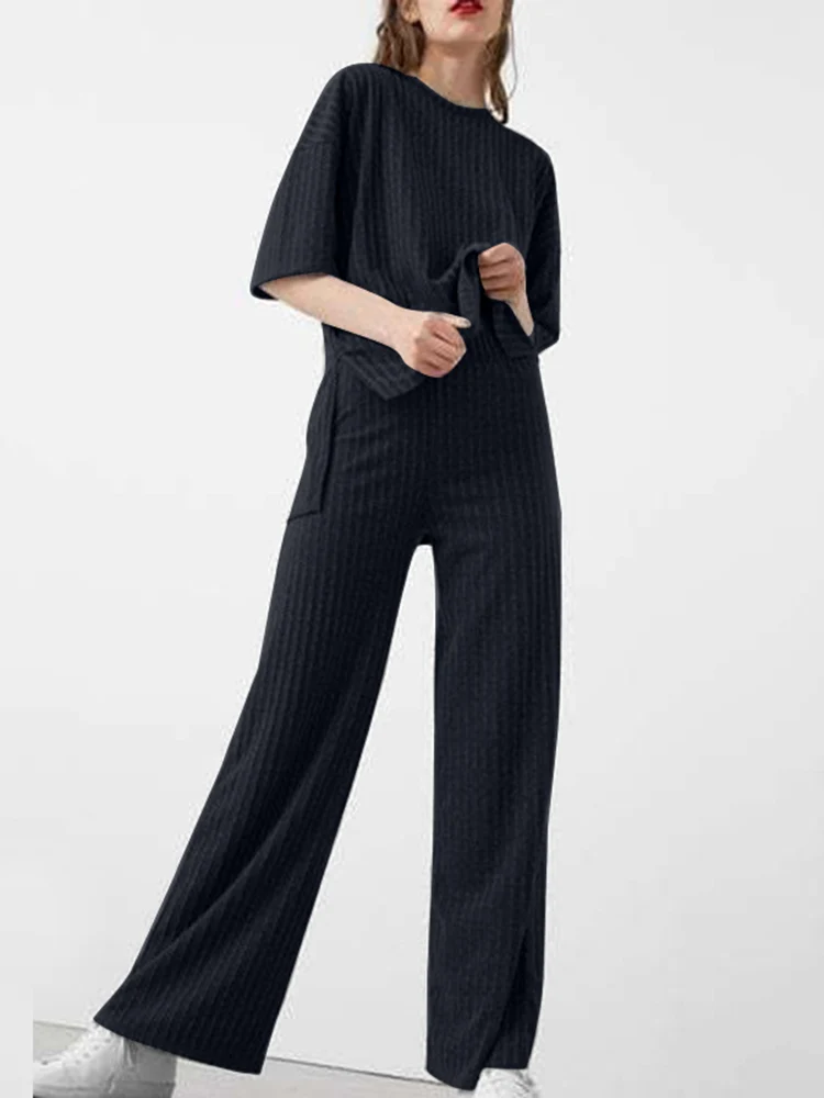 

Women Solid Matching Sets ZANZEA Summer High Low Half Sleeve O-Neck Blouse Pockets Wide Leg Pant Casual Waffle Knitted Tracksuit