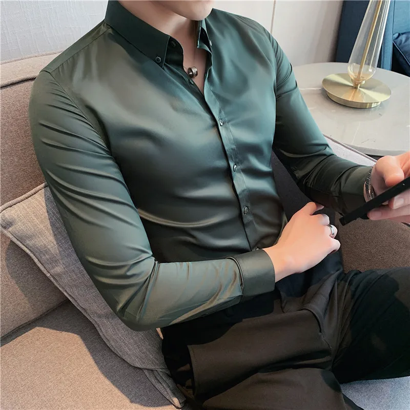 

New Men's Pure Color Long-sleeved Slim Brocade Cotton Shirt