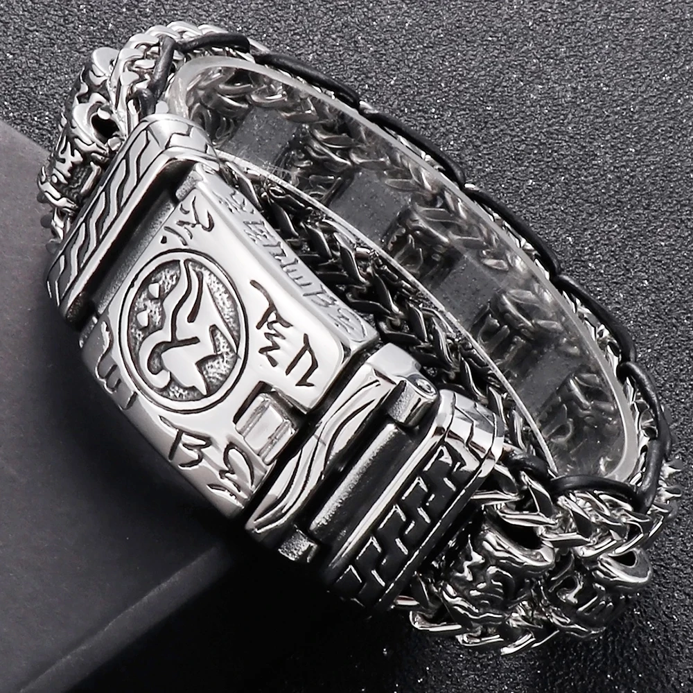 

22MM Heavy Vintage Religious Bracelet for Men 316L Stainless Steel Buddhist Scriptures Link Bracelets Leather Wristband Jewelry