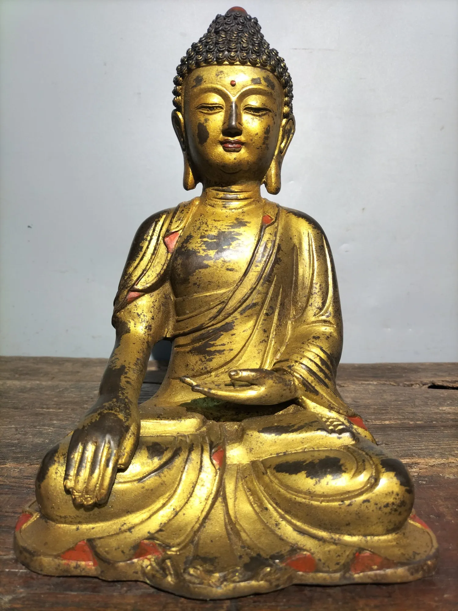 

12"Tibetan Temple Collection Old Bronze Gilt Mud gold Cinnabar Shakyamuni Buddha Amitabha worship hall Town house Exorcism