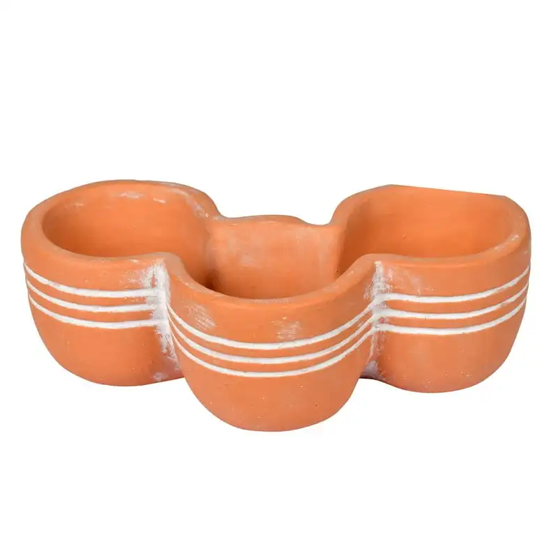 

Brown Terracotta Triple Pot. This pot features three circular shapes that are connected. This pot is the perfect addition to any