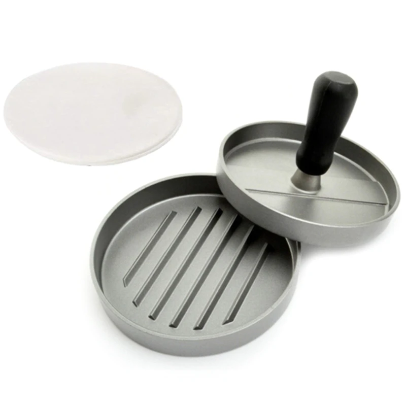 

Aluminum Non-Stick Hamburger Press With 120 Patty Papers Hamburger Maker Kitchen Gadgets (Silver)