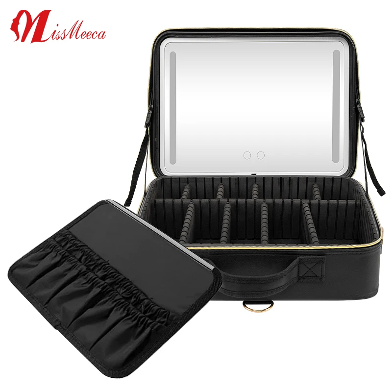

Large Size Travel Makeup Case with Lighted Mirror Partitionable Cosmetic Bag Professional Cosmetic Artist Organizer, Waterproof