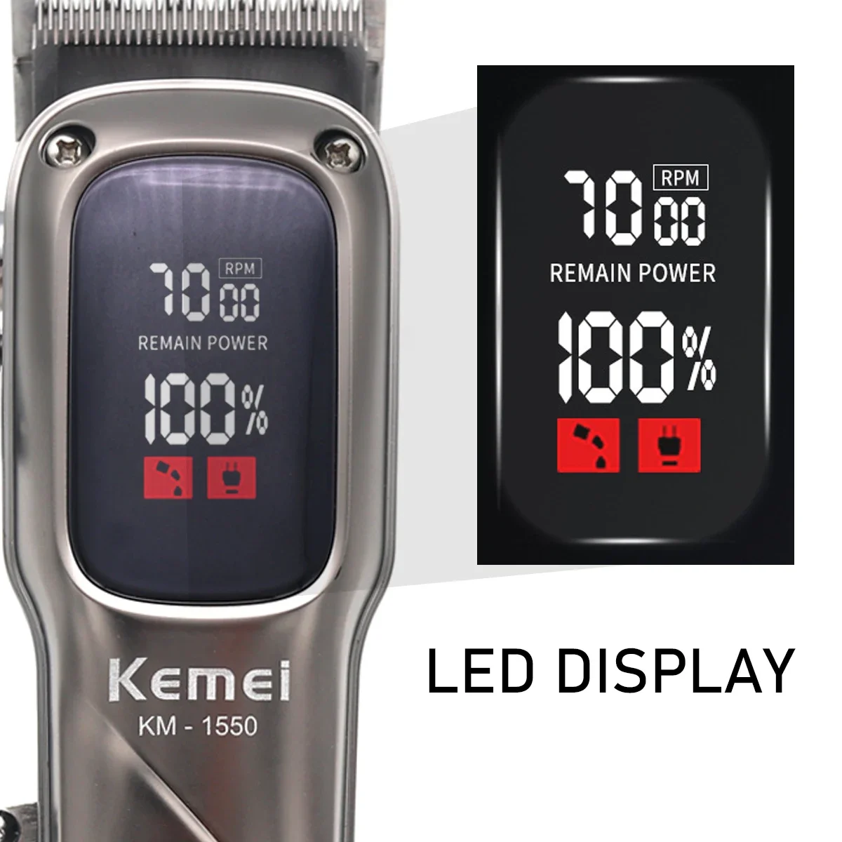 Фото Kemei KM-1550 Профессиональная машинка для стрижки волос для мужчин, светодиодный дисплей, малошумный беспроводной USB-интерфейс, машинка для стрижки волос, триммер для волос №4