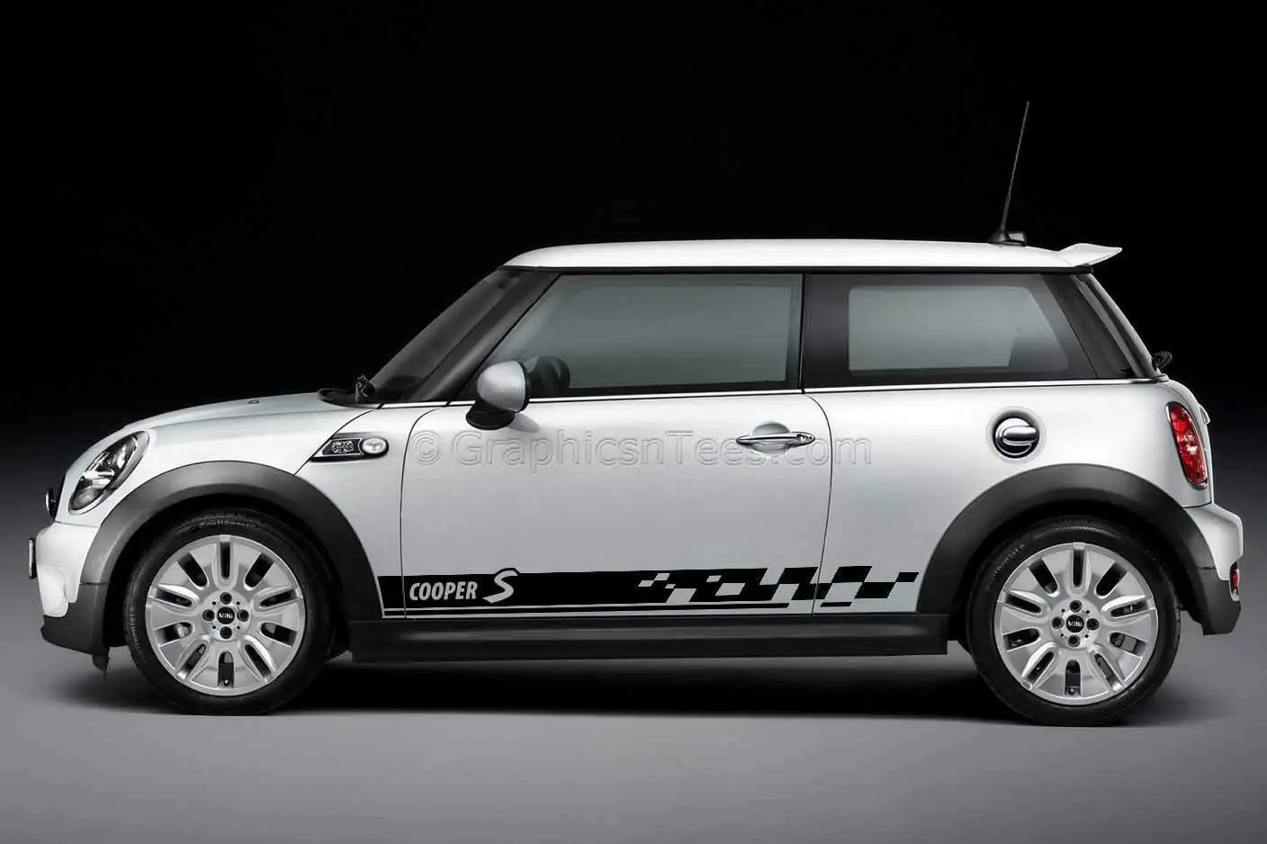 

Mini Cooper S Car Sticker, Checker Flag Side Stripe Custom Graphic Decal