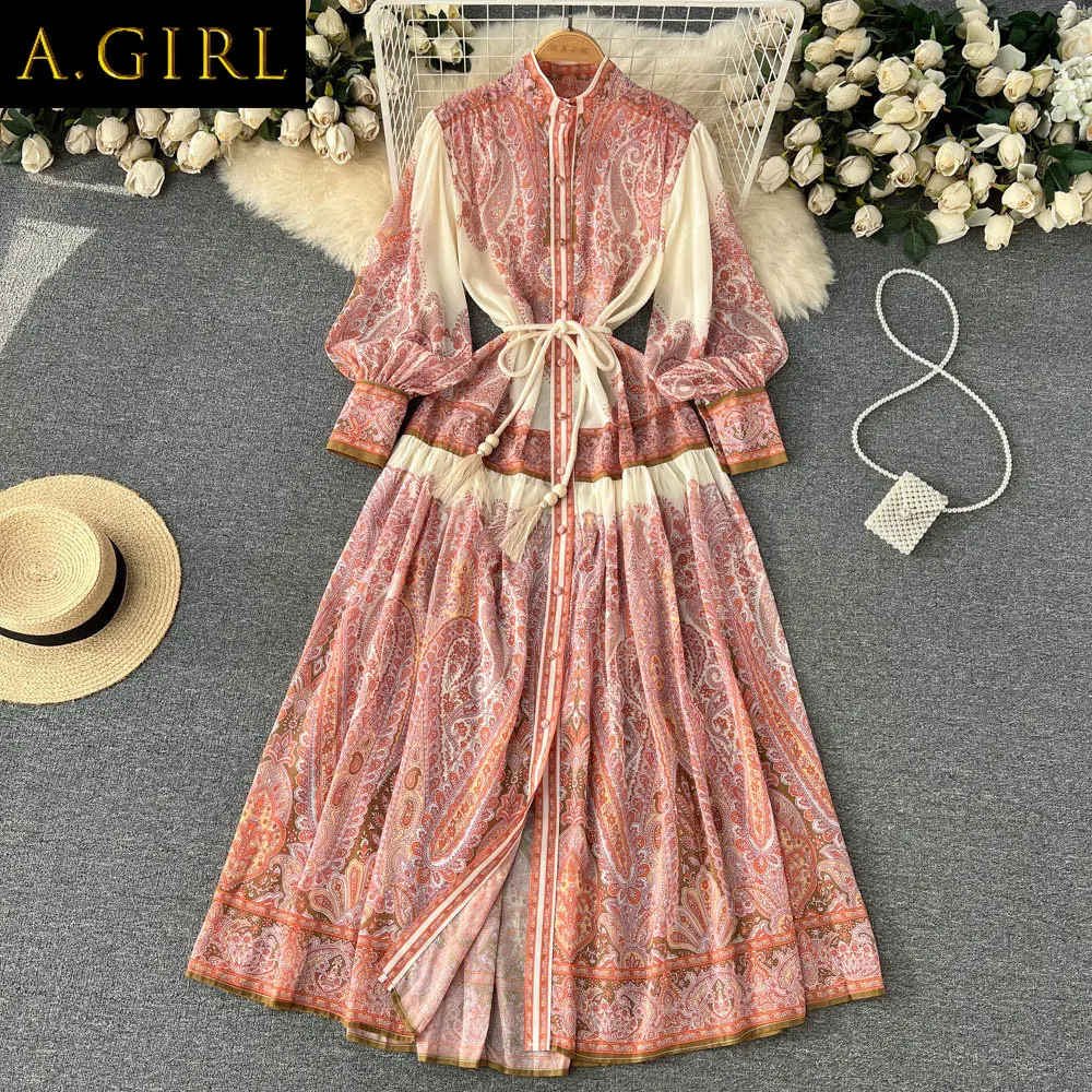 

Платье А-силуэта шифоновое с длинным рукавом-фонариком и поясом