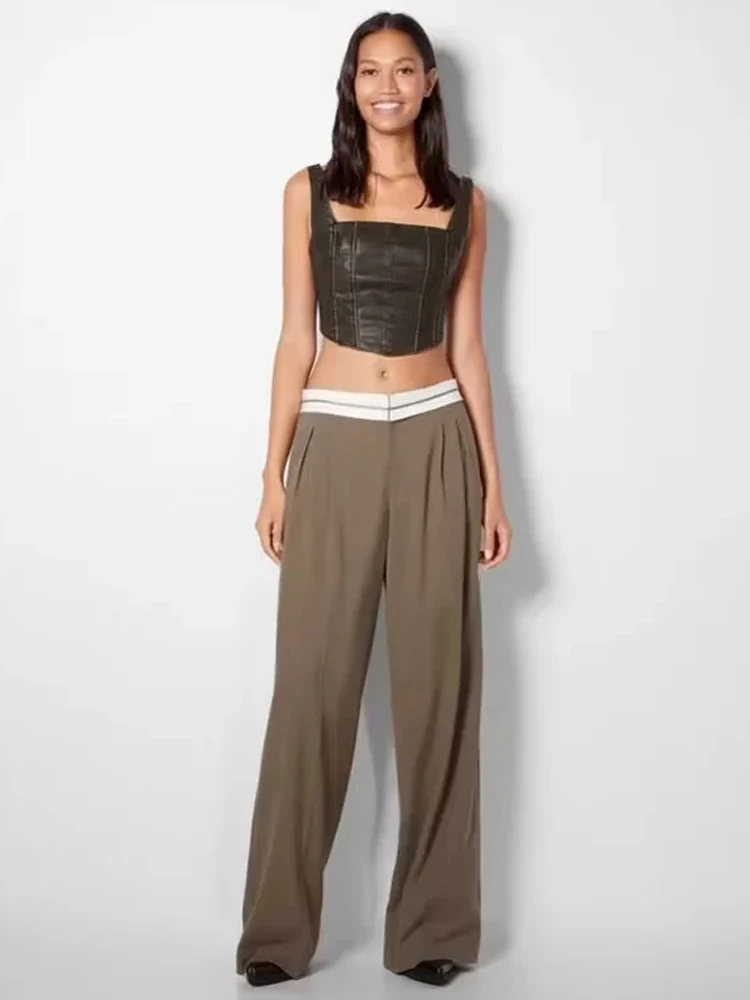 

PB&ZA tall waist straight collar flanging decoration leisure trousers female leisure trousers