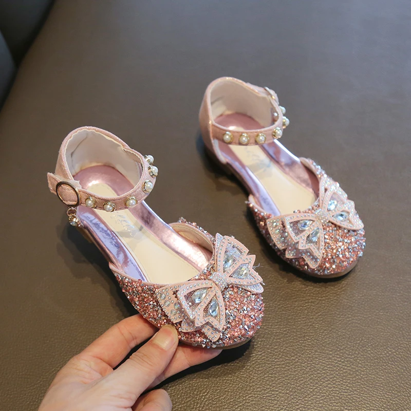 

Children Fashion Sandals Bow Rhinestone Girls Princess Leather Shoes Kids Summer Elegant Party Dance Sandals 2021 New