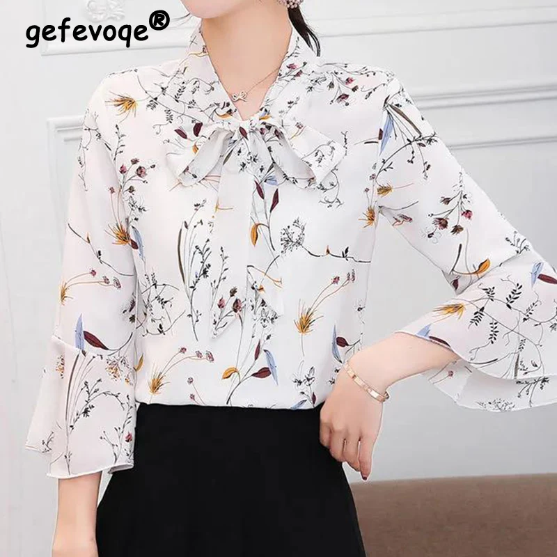 

Elegant Fashion Casual Floral Printing Bow Chiffon Shirt Spring Summer 2022 V-Neck Short Flare Sleeve Slim Blouse Women Clothing