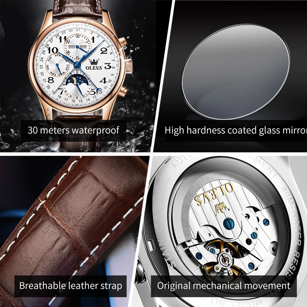 Водонепроницаемые автоматические механические мужские наручные часы OLEVS 6667 с ремешком из нержавеющей стали, многофункциональные деловые часы для мужчин