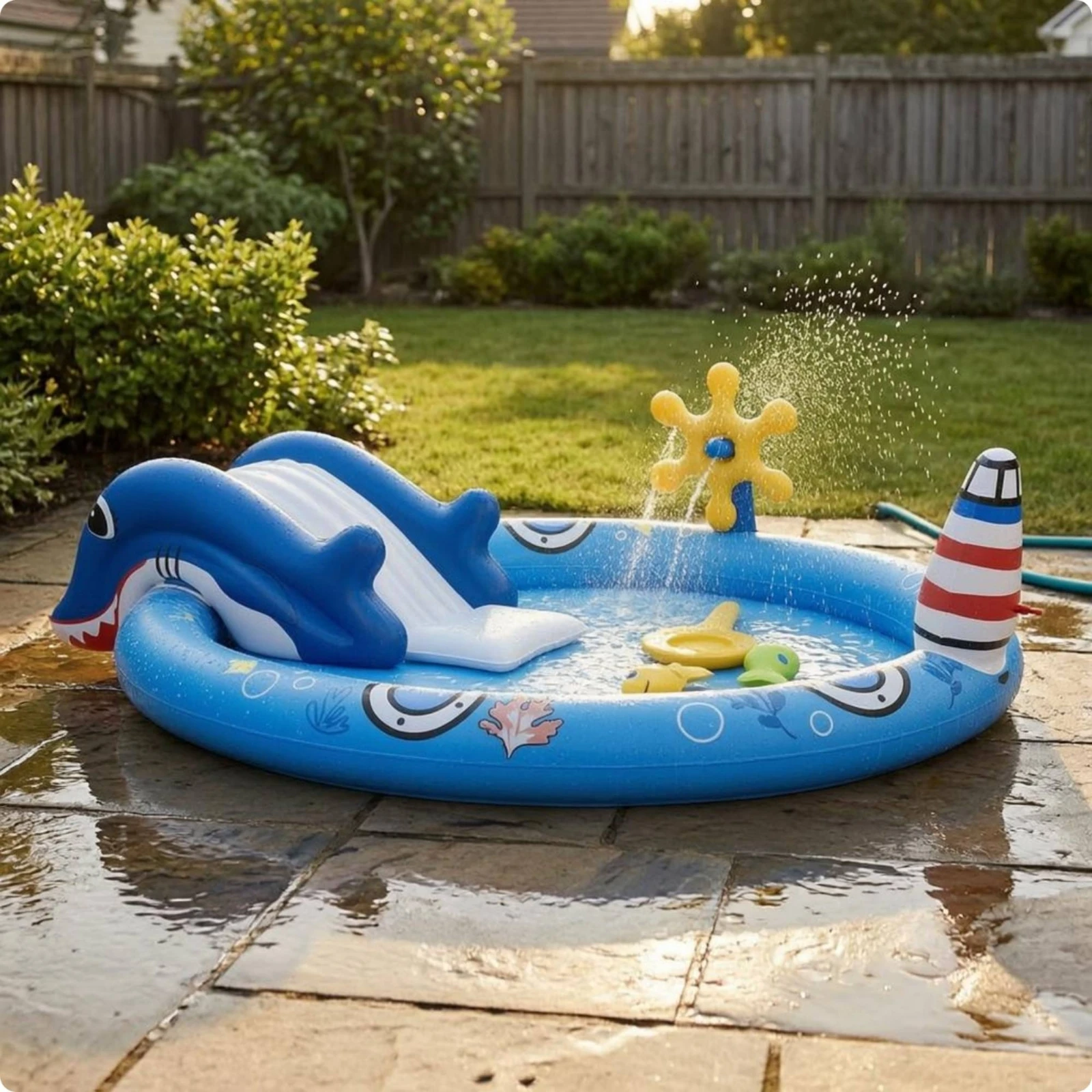 Фото Надувной бассейн Ocean Play Pool с горкой-дельфином из утолщенного ПВХ, легко устанавливаемый, для детских водных игр на открытом воздухе №5