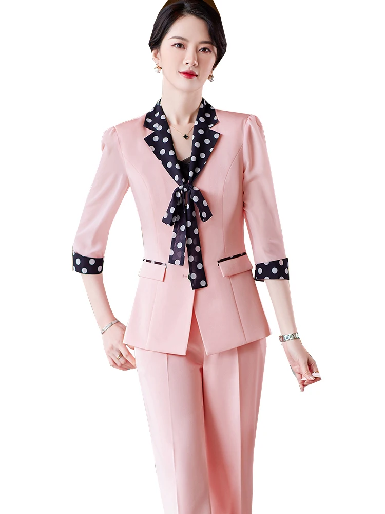 Elegant Women Pink White Black Pant Suit 2 Piece Set With Bow Formal Jacket and Trouser For Office Lady Spring Summer Work Wear