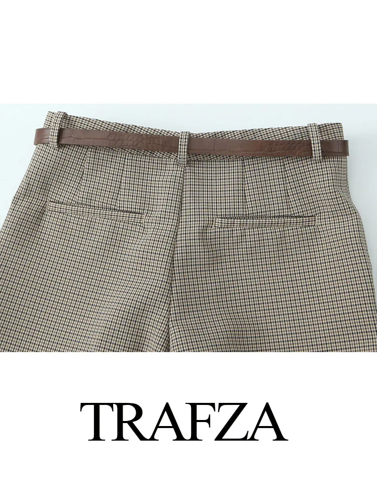 Брюки женские клетчатые с высокой талией на пуговицах молнии