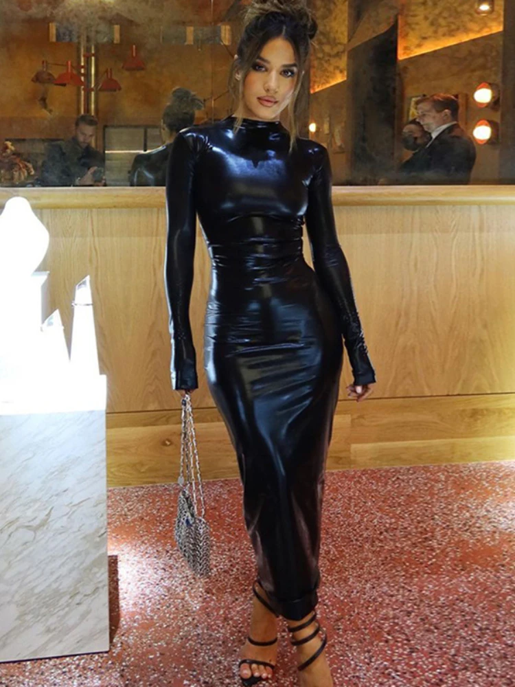 

Черное платье-миди Ueteey из искусственной кожи, женские Соблазнительные облегающие вечерние платья-водолазки с длинным рукавом, Осень-зима ...