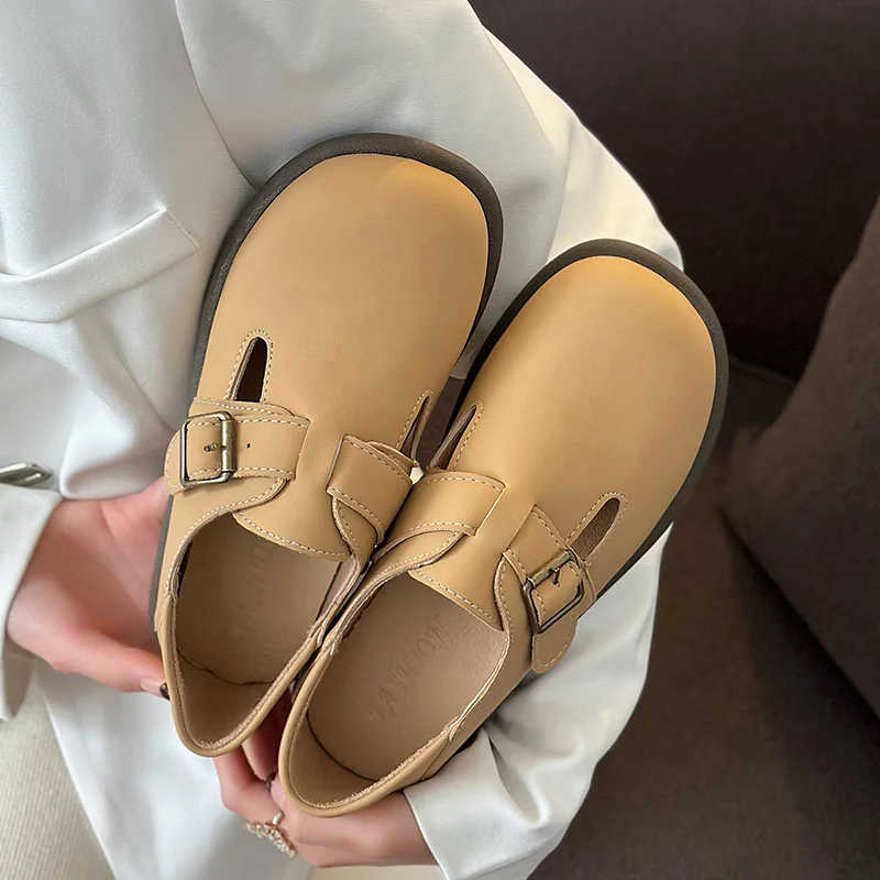

Leather Buckle Loafers 2023 Autumn New Flat Retro Monica Single Shoes Casual Round Toe Hollow Handmade Non-slip Muller Shoes