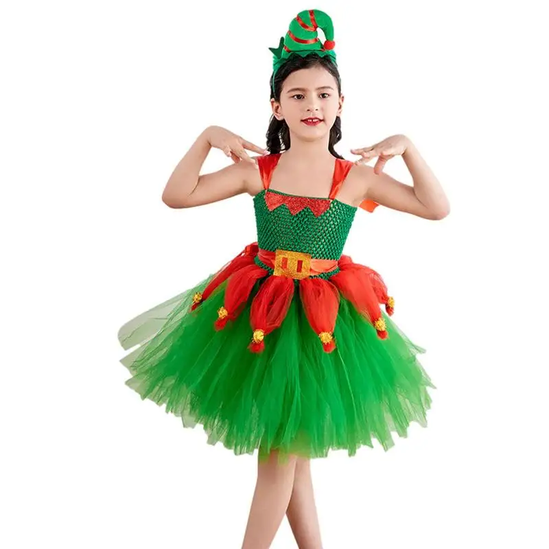 

Платье для девочки эльфа, зеленый костюм, платье Санта-Клауса для девочек, милый детский праздничный костюм эльфа, подарки для девочек с головной убор