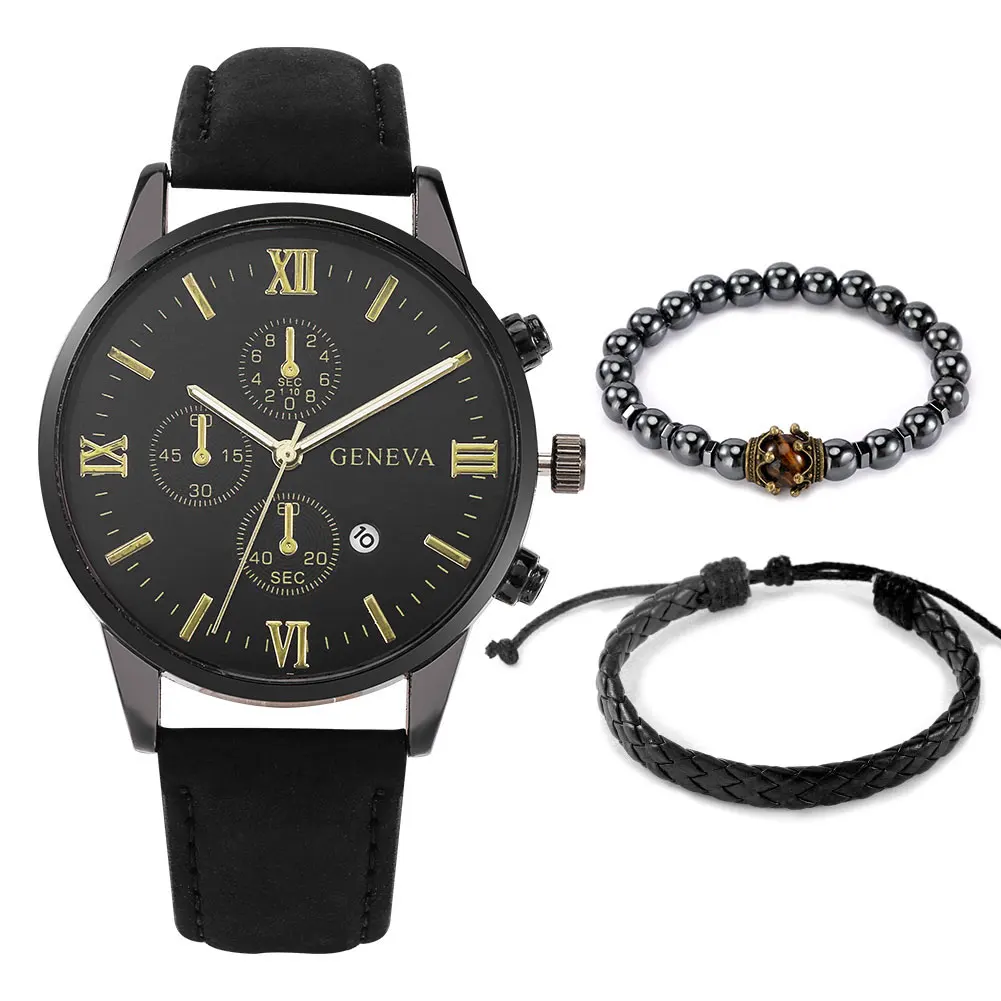 

Men's Wristwatch Bangle 3 Pieces Quartz Roman Numeral Dial with Calendar Leather Strap Black Adjustable Bracelet Gift for Father