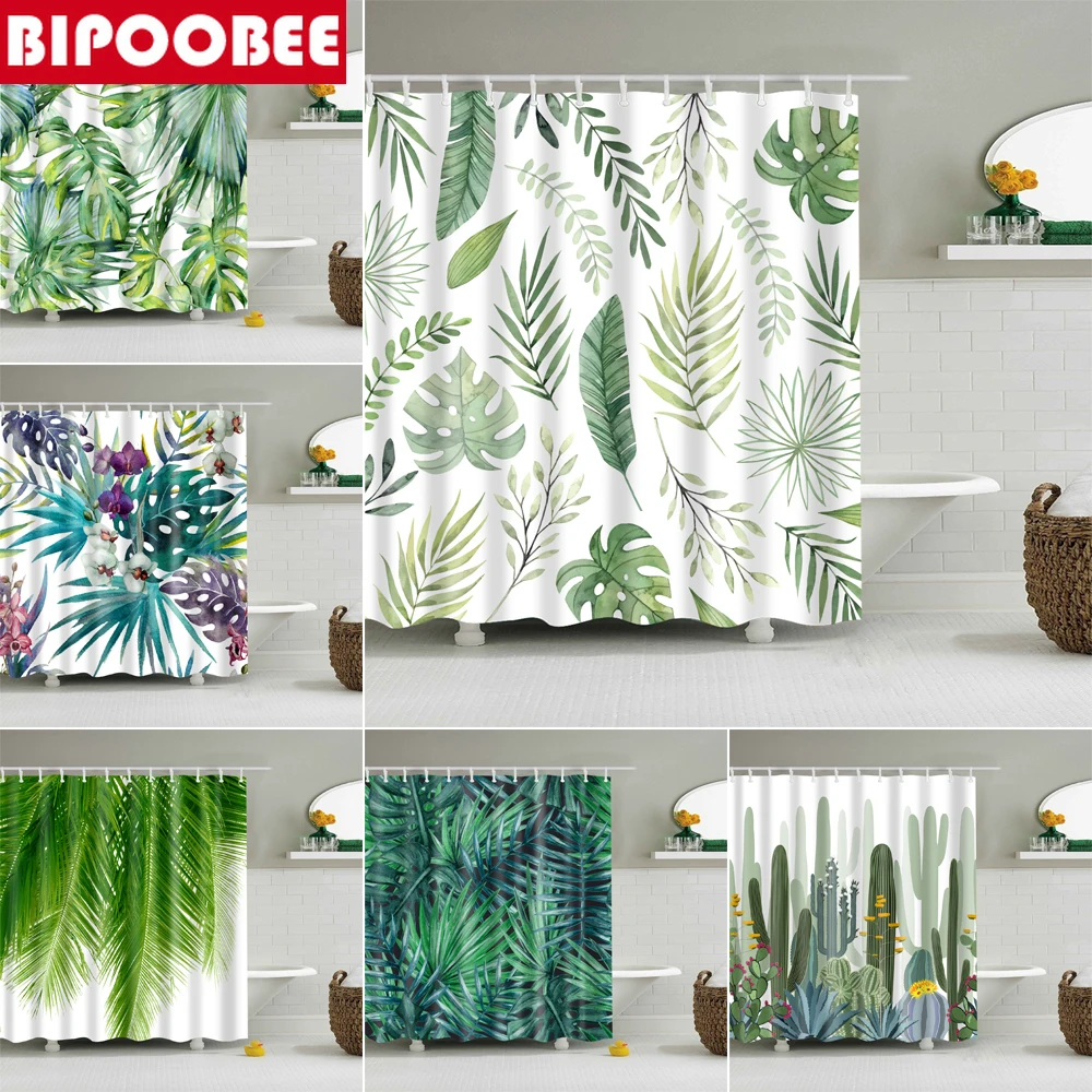 

Tropical Green Plant Leaf Palm Cactus Shower Curtains Bathroom Curtain Frabic Waterproof Polyester Bath Screen with 12 Hooks