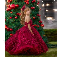 gorgeous burgundy flower girl dress off shoulder backless wedding party dresses for girls costumes first communion drop shipping