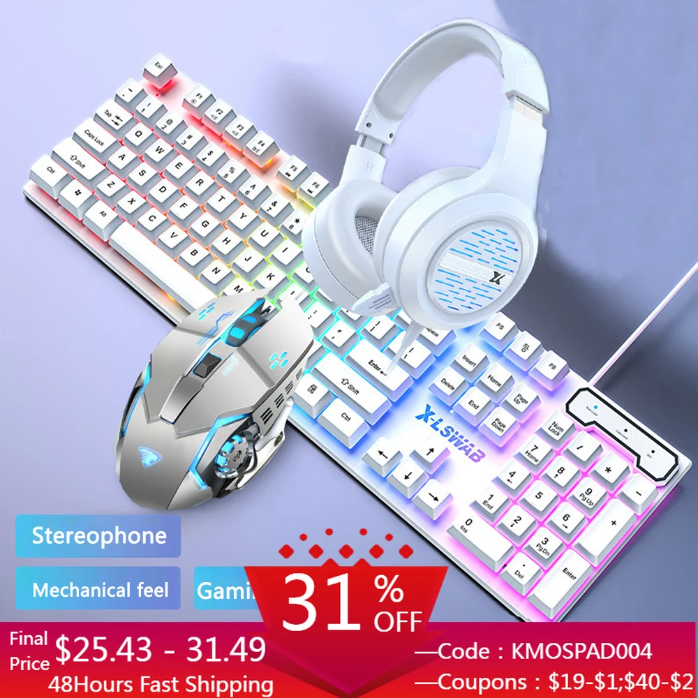 usb wired keyboard mouse headset set mechanical feel keyboard with backlight gaming mouse kit for gamers desktop laptop offices free global shipping