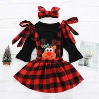 infant baby girls outfit set new christmas long sleeved fawn coat plaid bib skirt hair band three piece childrens suit