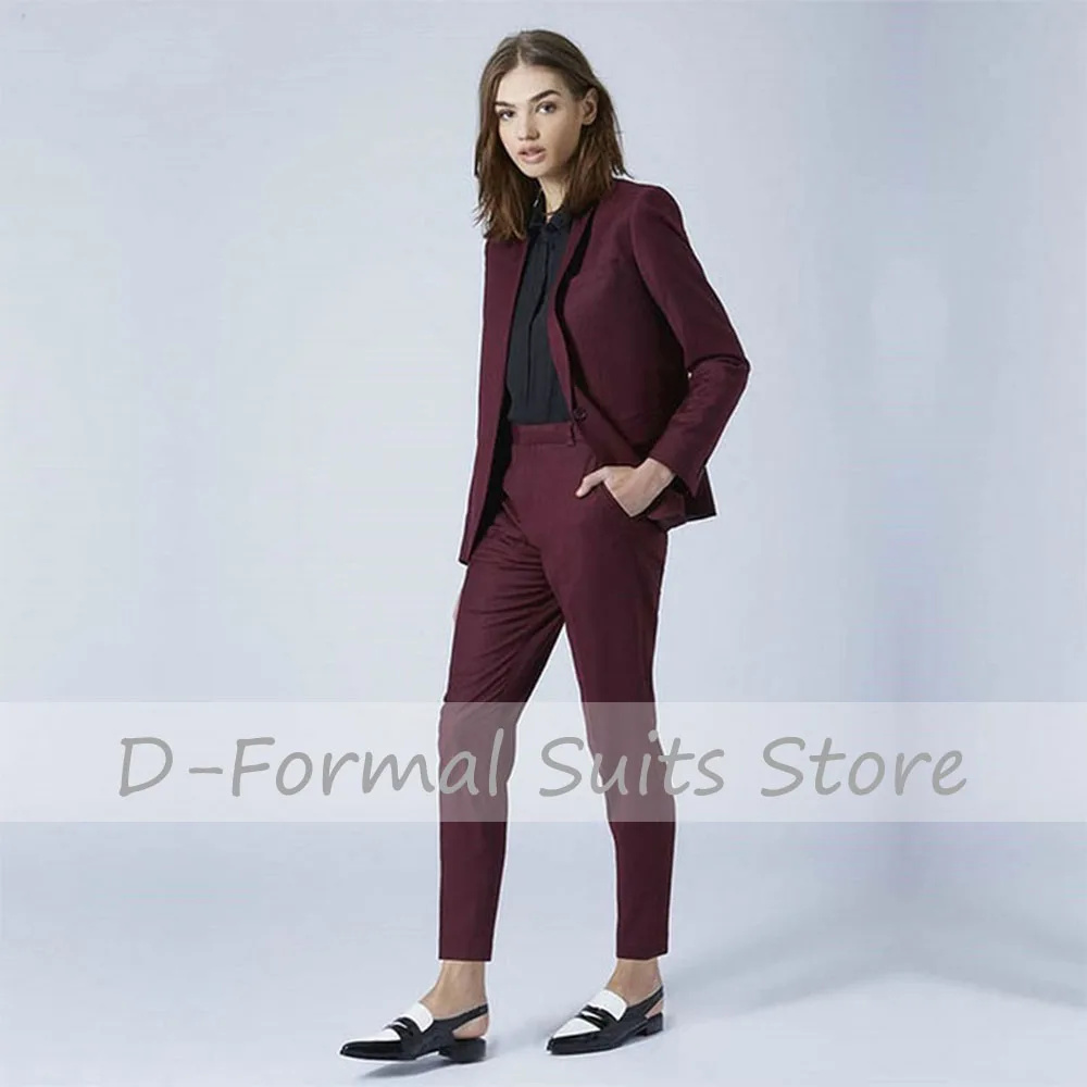Ladies Burgundy 2 Piece Set Suits Business Jacket+Pants Single-breasted Formal Office Uniform Style Blazer Sets