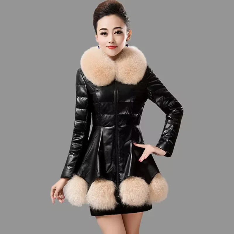 

Mid-Length Leather Jacket for Women, Fur Coat, Cotton Clothing, Slim Fit, Autumn and Winter, 2023, New