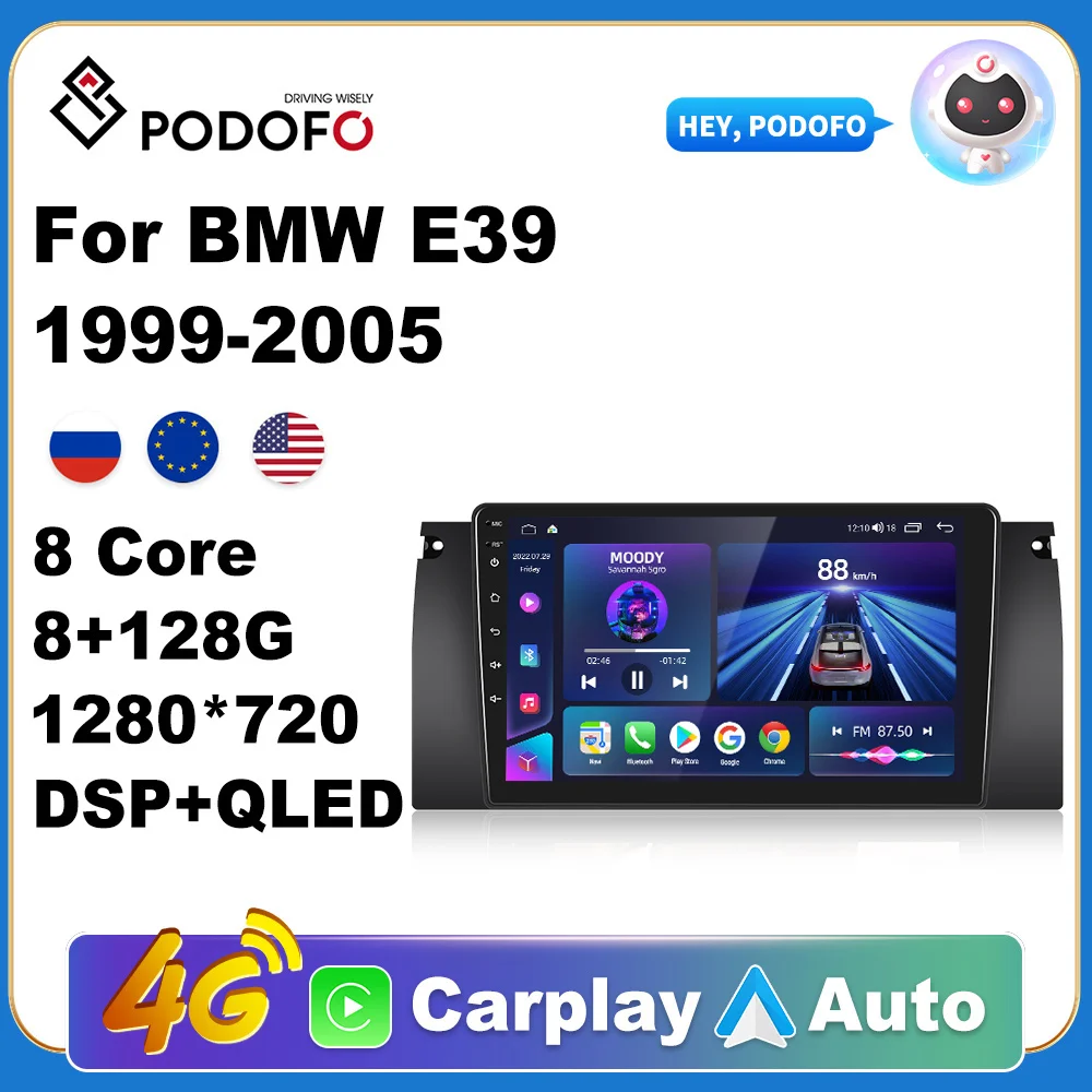 

Podofo Car Android CarPlay Radio Multimedia Player For BMW E39 1999-2005 2 Din Autoradio Video AI Voice GPS Navi 4G WiFi