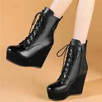 winter platform pumps women lace up genuine leather wedges high heel ankle boots female high top fashion sneakers casual shoes