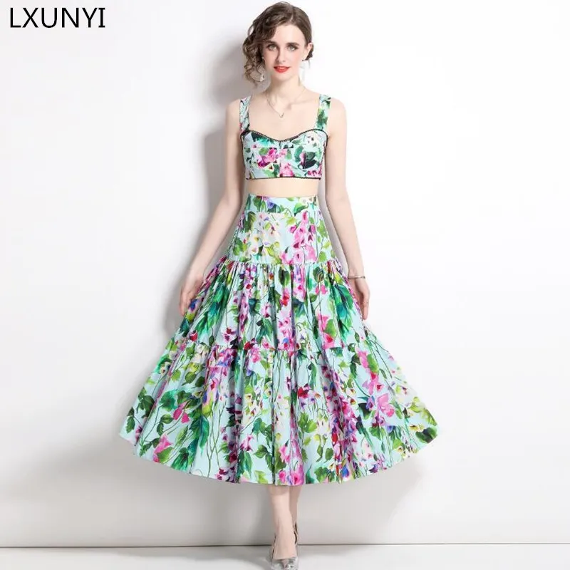 

LXUNYI Sexy Outfits For Woman Summer 2022 Fresh Wrap Camisole Crop Top +Big Swing 2 Piece Set Women Skirt And Top Fashion Suits