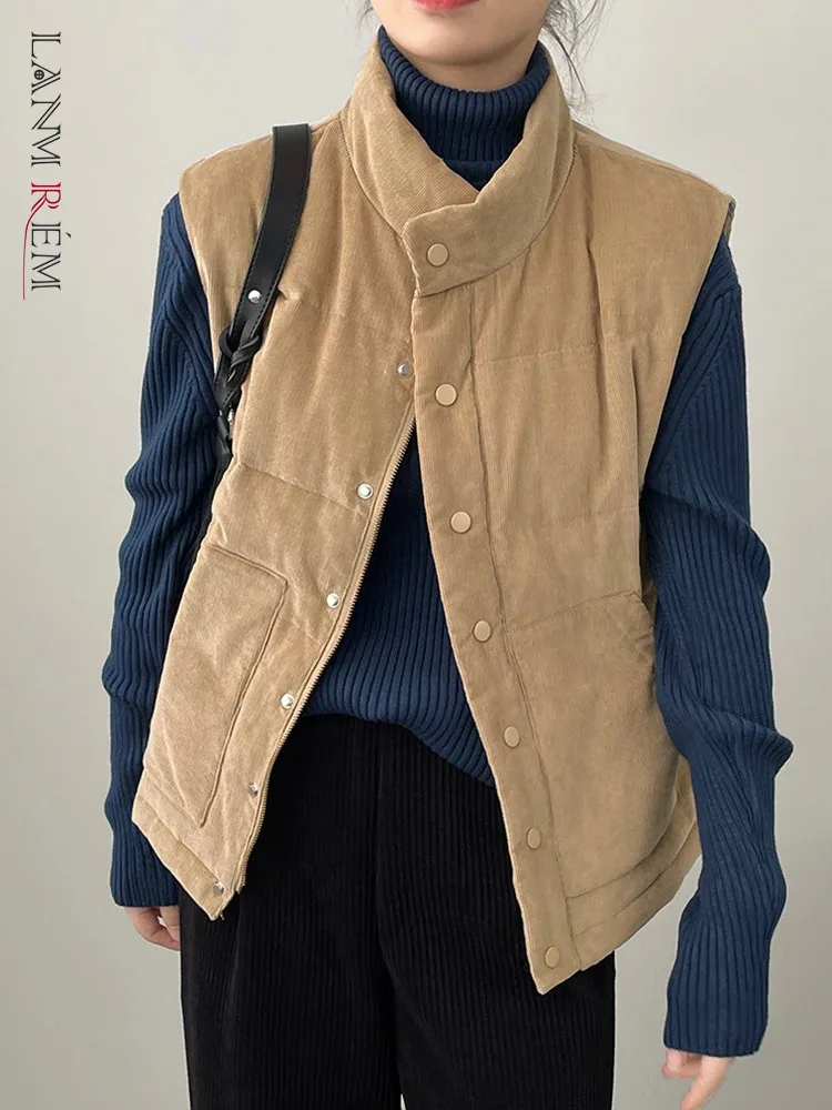 

[LANMREM] Corduroy Cotton Vest For Women Solid Stand Neck Single Breasted Thick Warm Tops Female 2023 Winter New 26D6860