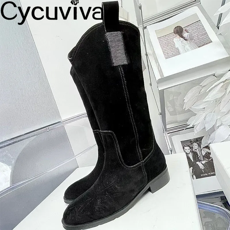 

New Wool Fur Knee High Boots Women Flat Low Heel Winter Warm Shoes Ladies Casual Slim Fit Woolen Snow Boots Botas Femininas