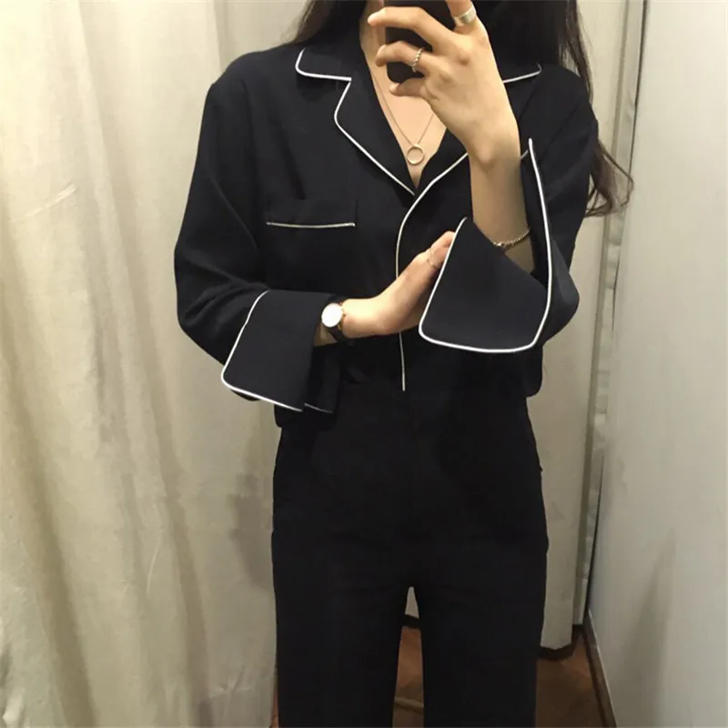 Women New Autumn Fashion Shirts Japanese Kimono Black White Long Sleeve Loose Tops Color Contrast Casual V Neck Blouse | Женская одежда