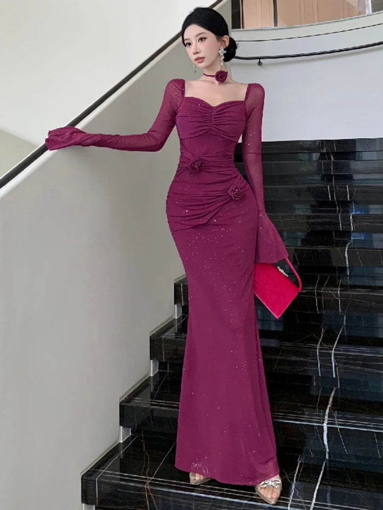 Сексуальное сетчатое облегающее платье макси для женщин с расклешенными