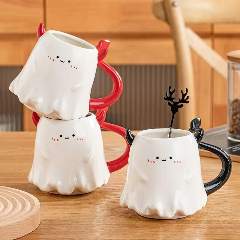 

500ml Cute Demon Elf Ghost Ceramic Cup Halloween Devil Mug with Stirring Rod Office Coffee Cup Tea Cup for Kids Halloween Gift