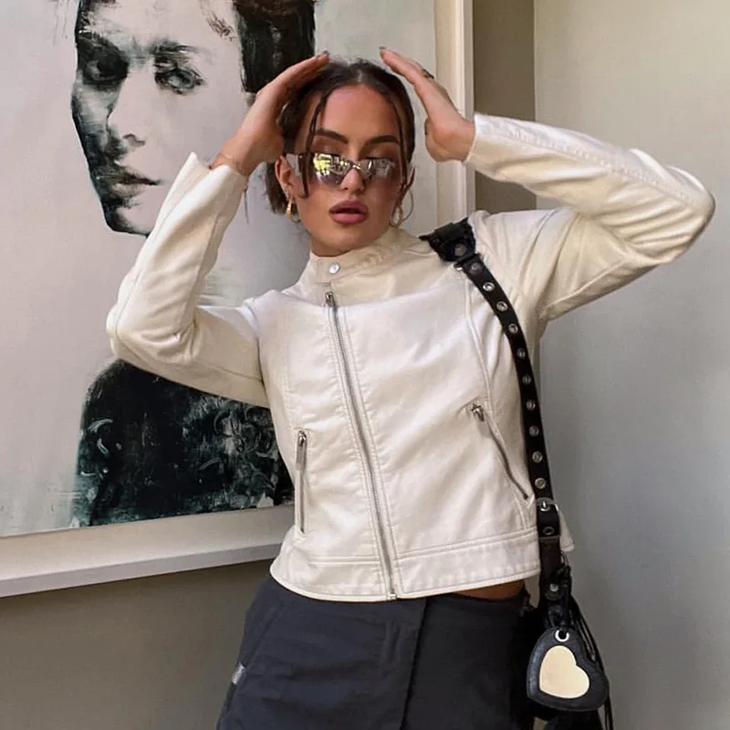 Женская короткая мотоциклетная куртка из искусственной кожи на молнии в стиле