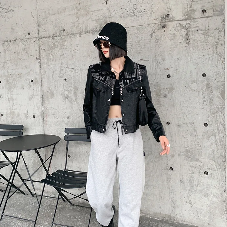 Slim Korean Short Leather Coat Women 2022 Autumn Denim Splicing Lapel Wash Leather Clothing Women Wholesale Cool Girl Gothic