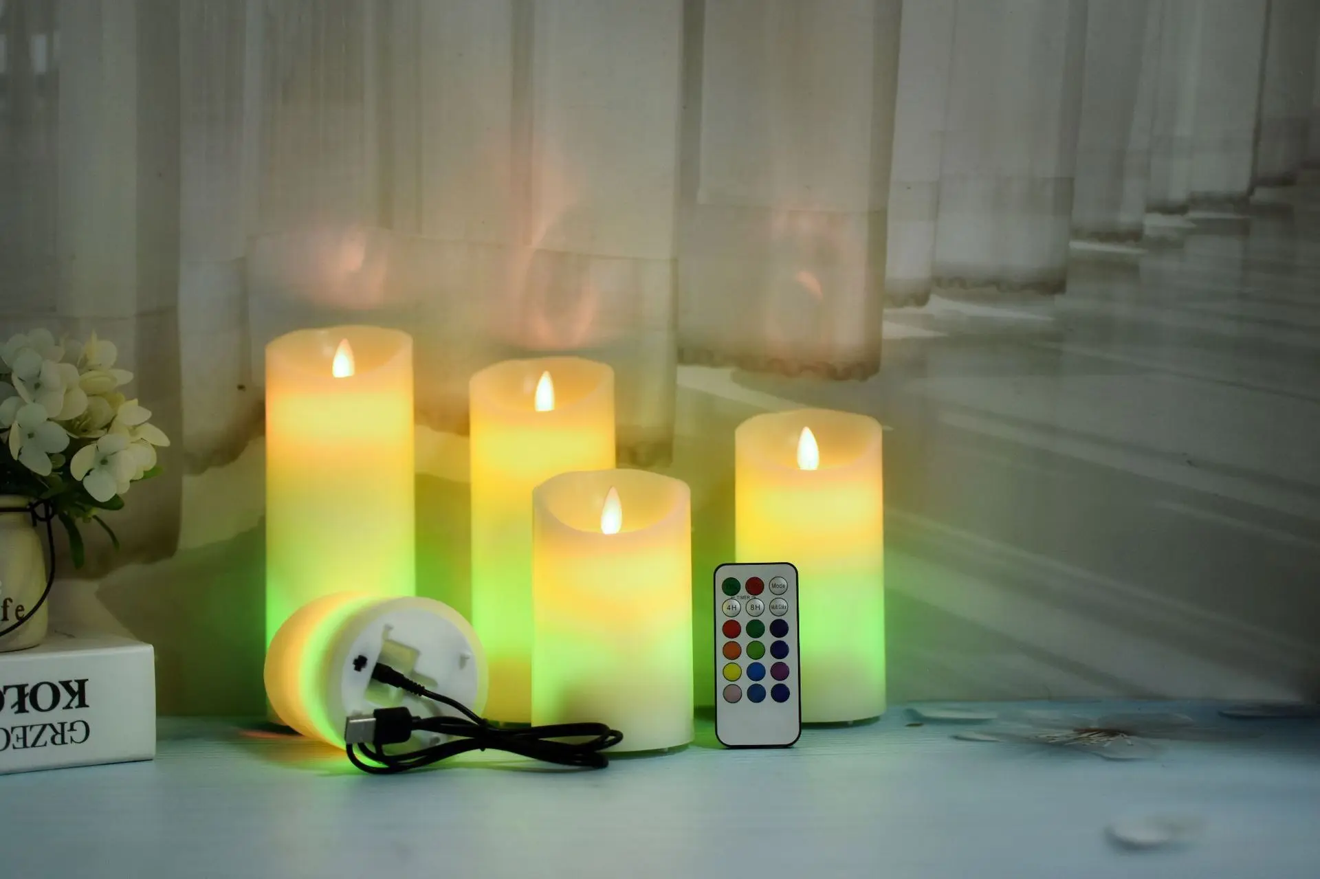 Фото Беспламенные дневные свечи, разноцветный парафиновый воск, USB перезаряжаемая электрическая фотосвеча с дистанционным управлением, RGB настольная Декорация №1