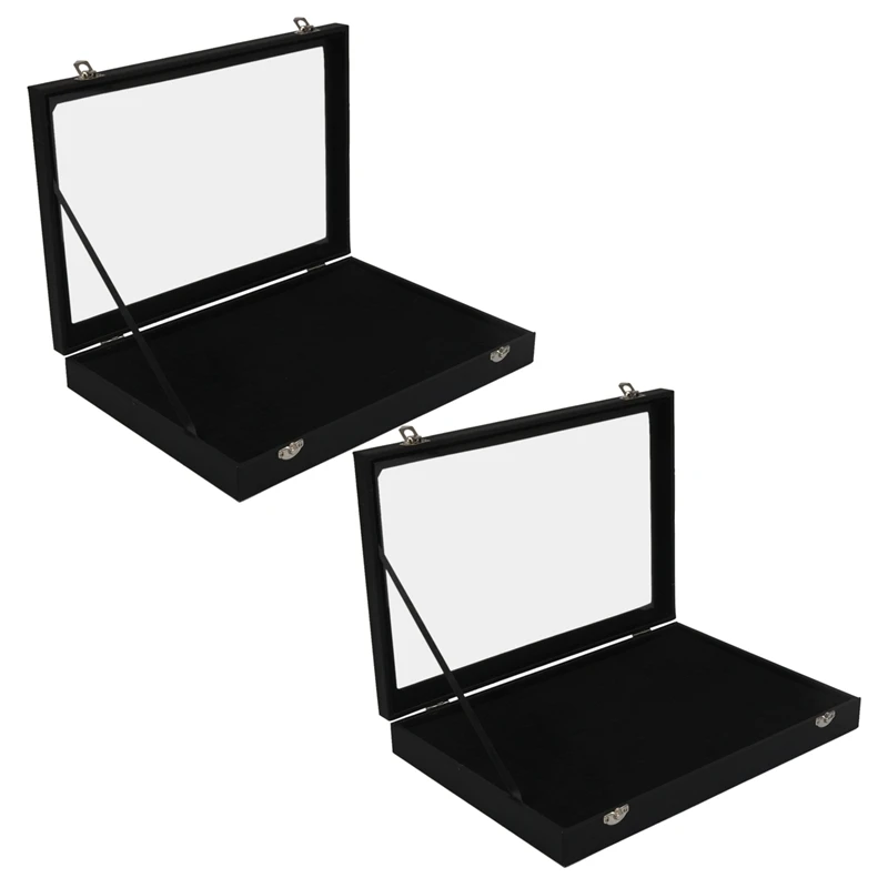 

2X стеклянная крышка, черный Органайзер с 100 слотами для сережек, колец, ювелирных изделий, демонстрационный ящик для хранения, лоток, чехол, д...