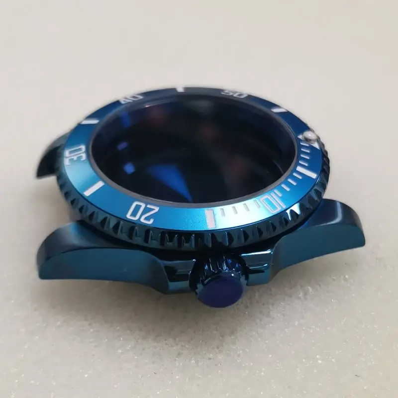 Blue SUB Watch Case Sapphire Crystal Glass Fits NH35 NH36 7S26 4R Japan Automatic Movement 28.5mm Dial Crown at 3.0 Oclock Cases