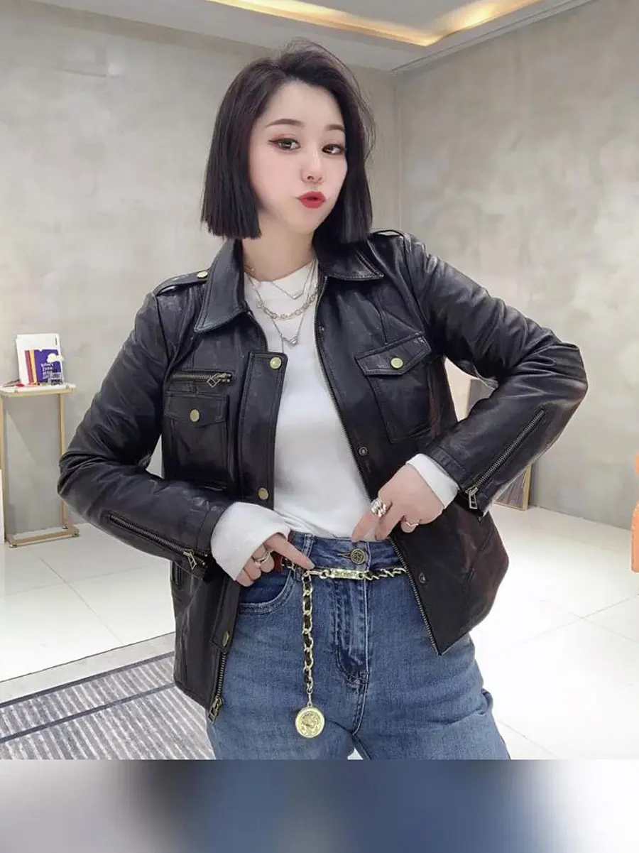 Haining New 2024 Skeleton-skin Genuine Leather Coat Outerwear Women Sheepskin Motorcycle Short Popular Online European Goods