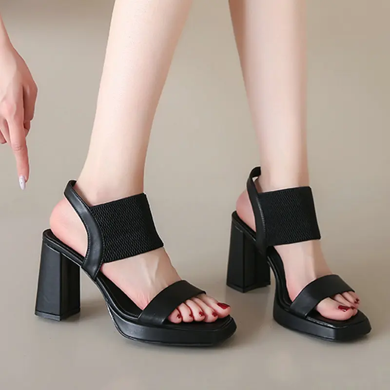 

2023 Summer Women's Pumps Knitted Sandals Women Square Toed Thick Sandals Woman Sexy Slingbacks Party Shoes Female Zapatillas De