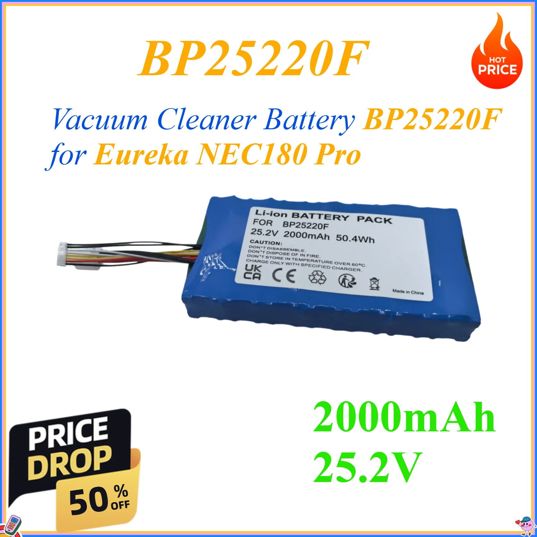 Фото Аккумулятор для пылесоса 2000 мАч 25.2В BP25220F для Eureka NEC180 Pro №1