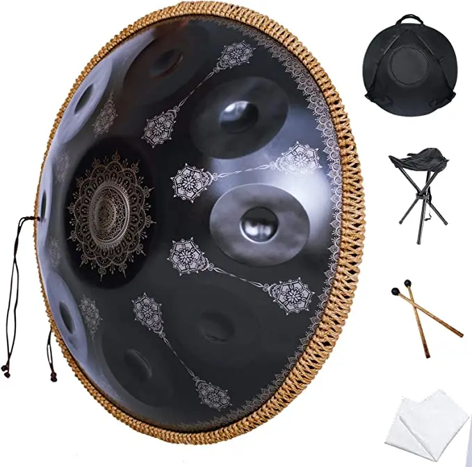 

Handpan-Classic 10 Notes Black Print Hand Pan,Premium 440HZ 22 Inches D Minor Steel Handpan Drum Set,Adult's Music Steel Pan Ins