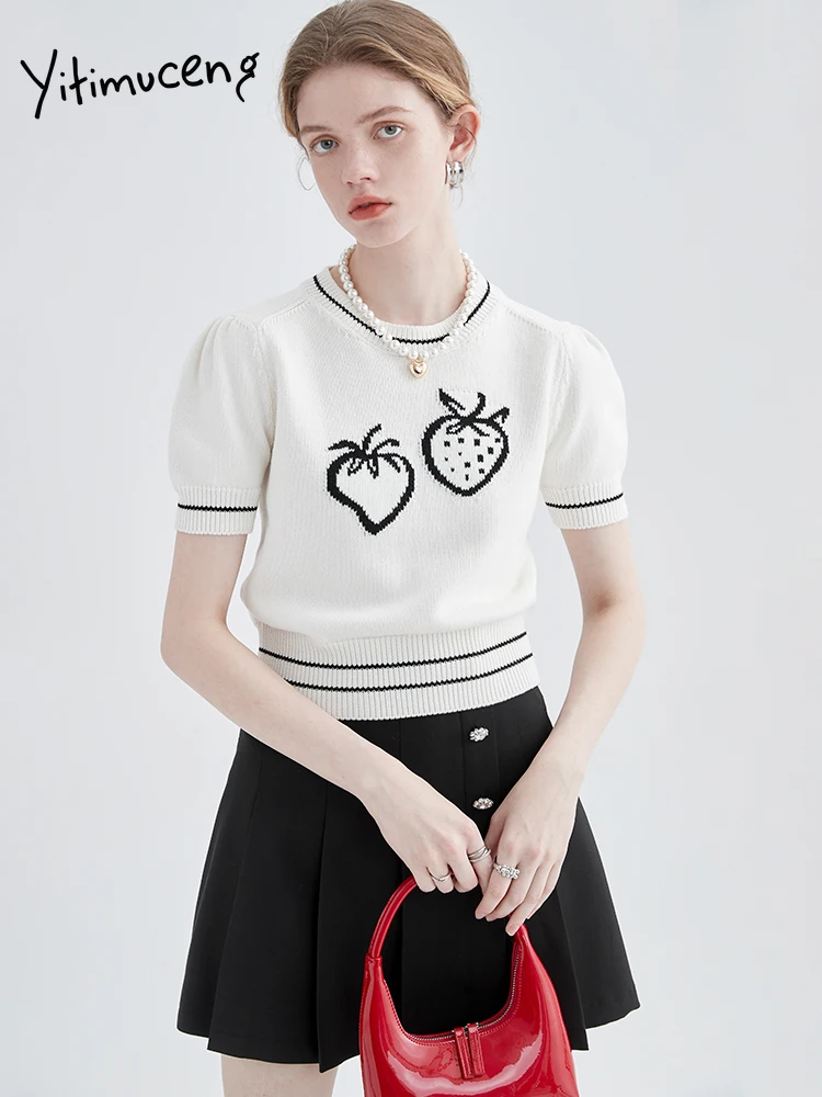 

Ytimuceng Striped White Woman Tshirts Knitted Shirts for Women T Shirt Tee Summer O-Neck Casual Fashion Tops Embroidery 2022